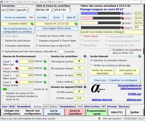 Logiciel ETHER onglet 'Versions'